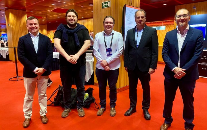 Zoltán Zimborás (OpenSuperQPlus), Shannon Whitlock (EuRyQa), Frank Wilhelm-Mauch (OpenSuperQPlus coordinator) and Guido Pupillo (EuRyQa coordinator)